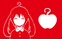 Rule 34 | 1girl, ^ ^, ahoge, apple, apple dot com (vocaloid), closed eyes, commentary, closed eyes, facing viewer, food, fruit, hatsune miku, highres, light smile, medium hair, official art, pinocchio-p, red theme, smile, solo, twintails, upper body, vocaloid