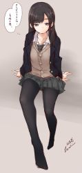Rule 34 | 1girl, arm support, artist name, black pantyhose, blazer, bored, braid, brown background, cardigan, closed mouth, collarbone, dated, full body, grey skirt, half-closed eyes, highres, jacket, kuroinu momotarou, long hair, looking at viewer, no shoes, original, pantyhose, pleated skirt, school uniform, signature, simple background, sitting, sketch, skirt, solo, spread legs, thought bubble