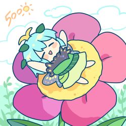 Rule 34 | 1girl, antennae, aqua hair, blush stickers, butterfly wings, chibi, closed eyes, dress, eternity larva, fairy, flower, green dress, highres, insect wings, kaoling, leaf, leaf on head, mixed-language commentary, multicolored clothes, multicolored dress, open mouth, red flower, short hair, single strap, smile, solo, touhou, wings