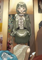 Rule 34 | 1 kozin, aged down, belt, blush, bow, bowtie, cellphone, cleavage cutout, clothing cutout, commentary, dual persona, earrings, eyebrows, frilled jacket, frilled shirt, frills, full-length mirror, green eyes, green hair, green jacket, highres, holding, holding microphone, holding phone, idolmaster, idolmaster shiny colors, indoors, jacket, jewelry, long hair, long sleeves, microphone, mirror, nanakusa nichika, phone, poster (object), shirt, short sleeves, smartphone, smile, striped clothes, striped shirt, teeth, time paradox, upper teeth only, white shirt