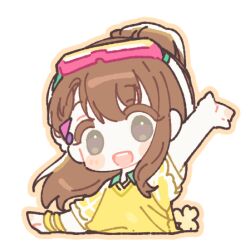 Rule 34 | 1girl, arm up, bracelet, brown hair, chibi, commentary request, goggles, goggles on head, grey eyes, hair ornament, hairclip, hanasato minori, jewelry, korean commentary, lowres, minna de enjoy! spojoy park (project sekai), open mouth, ponytail, project sekai, shirt, short sleeves, sidelocks, smile, solo, t-shirt, transparent background, upper body, yeong-il