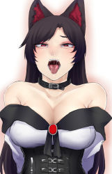 Rule 34 | 1girl, animal ears, arms behind back, black hair, blush, breasts, brooch, cleavage, collar, commentary request, corset, disembodied limb, dress, fangs, gradient hair, highres, imaizumi kagerou, jewelry, large breasts, long hair, long sleeves, looking at viewer, multicolored hair, nicutoka, off-shoulder dress, off shoulder, open mouth, oral invitation, pov, pov hands, purple hair, red eyes, saliva, simple background, solo focus, tearing up, teeth, tongue, touhou, upper body, uvula, white background, wolf ears