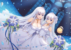 Rule 34 | 2girls, :d, azur lane, bare shoulders, belfast (azur lane), belfast (the pledge of claddagh) (azur lane), bouquet, braid, breasts, bridal veil, bride, chain, cleavage, commentary request, dress, elbow gloves, falling petals, flower, french braid, gloves, gold, gold chain, hat, holding, holding bouquet, indoors, large breasts, little bel (azur lane), long hair, manjuu (azur lane), military hat, multiple girls, open mouth, petals, purple eyes, resolution mismatch, sidelocks, silver collar, silver hair, smile, source larger, standing, strapless, strapless dress, tiara, tsouchinyu, veil, wedding, wedding dress, white dress, window
