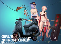 Rule 34 | 2girls, bachsnov, bare shoulders, bikini, bikini top only, black bikini, black footwear, black gloves, black hat, black pants, blue background, breasts, breasts apart, brown eyes, bullet, butt crack, case, choker, copyright name, cross-laced footwear, english text, flower tattoo, girls&#039; frontline, gloves, hat, head tilt, high heels, highres, leaning back, long hair, looking at viewer, looking over eyewear, looking over glasses, medium breasts, motor vehicle, multiple girls, navel, ots-14 (girls&#039; frontline), pants, parted lips, pink hair, purple hair, railing, red eyes, red legwear, scooter, short shorts, shorts, signpost, single thighhigh, skull print, smile, standing, star (symbol), striped clothes, striped legwear, striped thighhighs, stuffed animal, stuffed toy, sunglasses, swimsuit, tattoo, teddy bear, thigh strap, thighhighs, thompson (girls&#039; frontline), tinted eyewear, unbuttoned, v-shaped eyebrows, vertical-striped clothes, vertical-striped legwear, vertical-striped thighhighs, very long hair, white shorts