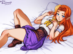Rule 34 | 1girl, belt, blue eyes, looking at viewer, malon, mina cream, nintendo, on bed, orange hair, pointy ears, purple skirt, scarf, shoes, skirt, solo, the legend of zelda, the legend of zelda: ocarina of time, yellow scarf