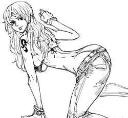Rule 34 | 1girl, all fours, ass, bad id, bb (baalbuddy), bikini, bikini top only, breasts, butt crack, closed mouth, denim, from side, greyscale, hand up, highres, inactive account, jeans, long hair, looking at viewer, looking to the side, monochrome, nami (one piece), one piece, pants, shoulder tattoo, simple background, smile, solo, swimsuit, tattoo, white background, wristband