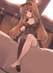 Rule 34 | 00s, 1girl, asymmetrical clothes, bandaid, bandaid on knee, bandaid on leg, barefoot, bed, blonde hair, breasts, brown eyes, cleavage, dutch angle, feet, highres, kusugawa sasara, large breasts, no shoes, single thighhigh, sitting, solo, suzume inui, thighhighs, to heart (series), to heart 2, toes