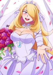 Rule 34 | 1girl, alternate costume, blonde hair, bouquet, breasts, bridal veil, cleavage, creatures (company), cynthia (pokemon), dress, flower, game freak, hair over one eye, heart, highres, holding, holding bouquet, inglebard, long hair, looking at viewer, nail polish, nintendo, open mouth, petals, pink flower, pink rose, pokemon, pokemon dppt, red flower, red rose, rose, smile, solo, veil, wedding dress, white dress