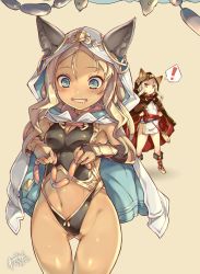Rule 34 | !, 10s, 2girls, :&lt;, animal ears, artist name, beige background, blonde hair, blue eyes, blush, boots, breasts, bridal gauntlets, cat ears, chromatic aberration, cloak, clothing cutout, cowboy shot, dress, drooling, ears through headwear, eyeliner, food, gold trim, granblue fantasy, highleg, holding, holding food, hood, hooded cloak, jitome, long hair, looking down, makeup, multiple girls, navel, navel cutout, no socks, open mouth, parted bangs, red eyes, revealing clothes, sash, sausage, scathacha (granblue fantasy), short dress, side slit, signature, silver hair, simple background, sleeveless, small breasts, spoken exclamation mark, standing, thigh gap, wazakita, white dress, wrist guards, yellow background