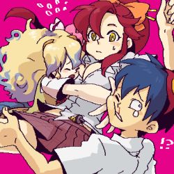 00s 1boy 2girls blood breasts cleavage dramatica lowres multiple_girls nia_teppelin red_hair school_uniform simon_(ttgl) slapping tengen_toppa_gurren_lagann yellow_eyes yoko_littner