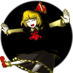 Rule 34 | 1girl, ascot, black skirt, blonde hair, bobby socks, closed eyes, fading, hair ribbon, justin hsu, leaning forward, long sleeves, mary janes, outside border, outstretched arms, palms, red footwear, ribbon, round image, rumia, rumia (darkness), shoes, short hair, simple background, skirt, socks, solo, touhou