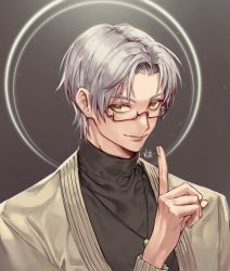 Rule 34 | 1boy, artist request, black shirt, brown background, brown jacket, closed mouth, forehead, glasses, highres, jacket, jewelry, lips, long sleeves, looking at viewer, mole, mole under eye, n0niiiiii, necklace, shirt, short hair, smile, solo, tears of themis, turtleneck, vyn richter (tears of themis), white hair, yellow eyes