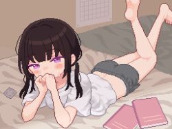 Rule 34 | 1girl, back, barefoot, bed, bed sheet, bedroom, black hair, black shorts, blunt bangs, blush, book, calendar (object), commentary, condom, condom wrapper, covering own mouth, full body, hair strand, hair tie, head tilt, indoors, looking at viewer, lying, midriff, narrowed eyes, no entity, on bed, on stomach, original, own hands together, panties, panty peek, pixel art, purple eyes, shirt, short shorts, short sleeves, shorts, sidelocks, soles, solo, t-shirt, the pose, toes, twintails, underwear, w arms, white panties, white shirt