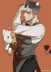 Rule 34 | 1boy, animal ears, black eyes, black hair, bow, cat boy, cat ears, cat tail, character doll, facial hair, facial scar, feet out of frame, goatee, hair slicked back, hair strand, hands in hair, hello kitty, hello kitty (character), highres, kemonomimi mode, long sleeves, looking at viewer, male focus, midomido, ogata hyakunosuke, pectorals, sanrio, scar, scar on cheek, scar on face, short hair, smile, solo, stubble, stuffed toy, tail, tail bow, tail ornament, undercut, waiter