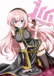 Rule 34 | 1girl, aqua eyes, breasts, female focus, hairband, hand on own hip, kneeling, large breasts, leaning forward, long hair, md5 mismatch, megurine luka, nakahira guy, pink hair, resolution mismatch, shiny clothes, smile, solo, source smaller, thighhighs, very long hair, vocaloid