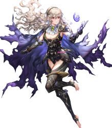 Rule 34 | 1girl, armor, barefoot, black armor, black leotard, breasts, cape, cleavage, closed mouth, corrin (female) (fire emblem), corrin (female) (nohr noble) (fire emblem), corrin (fire emblem), detached collar, elbow pads, feet, female focus, fire emblem, fire emblem fates, fire emblem heroes, floating, floating object, full body, gloves, greaves, hairband, highres, leg up, leotard, long hair, looking away, medium breasts, nintendo, official art, pointy ears, red eyes, sencha (senchat), sleeveless, solo, stone, thighhighs, thighs, toeless legwear, toes, torn cape, torn clothes, transparent background, white hair