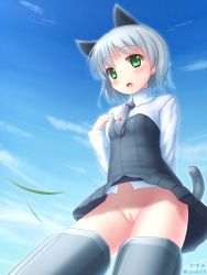 Rule 34 | 1girl, :o, animal ears, arisu kazumi, armor, armored boots, black necktie, black thighhighs, blue sky, boots, bottomless, cat ears, cat tail, cleft of venus, collared shirt, cowboy shot, crotch seam, day, eyebrows, green eyes, grey footwear, hand on own chest, highres, looking at viewer, navel, necktie, no legwear, open mouth, pussy, sanya v. litvyak, shirt, short hair, silver hair, sky, solo, strike witches, striker unit, tail, thigh boots, thighhighs, wing collar, world witches series