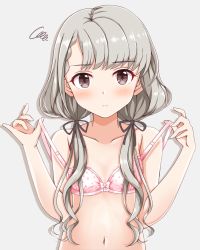 Rule 34 | 1girl, arms up, bad id, bad pixiv id, bra, bra pull, braid, braided bangs, breasts, brown eyes, clothes pull, commentary request, grey background, hair over breasts, hisakawa nagi, idolmaster, idolmaster cinderella girls, long hair, low twintails, naruse nagi, navel, pink bra, pulling own clothes, silver hair, simple background, small breasts, solo, strap pull, twintails, underwear, upper body