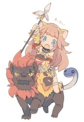 Rule 34 | 1girl, :3, animal ears, blade (galaxist), blue eyes, blush, chimera, fang, farfalia, full body, goat, lion, lion ears, lion tail, long hair, monster, open mouth, pink hair, polearm, pop-up story, riding, simple background, skin fang, snake, spear, tail, weapon, white background