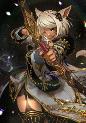 Rule 34 | 1girl, aiming, aiming at viewer, animal ears, blonde hair, borrowed character, bow (weapon), braid, cat ears, cat tail, commission, crown braid, dark background, earrings, facial mark, final fantasy, final fantasy xiv, garter straps, gold trim, highres, holding, holding bow (weapon), holding weapon, jewelry, long sleeves, miqo&#039;te, okuyama, one eye closed, skeb commission, skirt, slit pupils, solid eyes, tail, tongue, tongue out, warrior of light (ff14), weapon