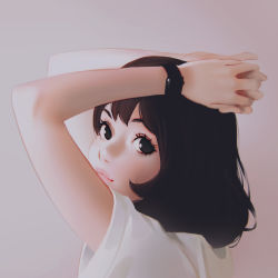 Rule 34 | 1girl, arms up, black eyes, black hair, closed mouth, grey background, highres, ilya kuvshinov, looking at viewer, looking to the side, original, portrait, shirt, short hair, short sleeves, simple background, smile, solo, upper body, watch, white shirt, wristwatch