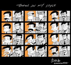 Rule 34 | 1boy, bandana, bandana over mouth, bound, clenched teeth, evil grin, evil smile, exhausted, expression chart, expressions, flying sweatdrops, grin, hat, heavy breathing, male focus, maririnbo, osomatsu-kun, sanpaku, scratching head, sharp teeth, shouting, smile, teardrop, teeth, tied up (nonsexual), tougou (osomatsu-kun), tripping