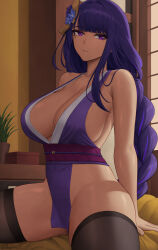 Rule 34 | 1girl, bare arms, bare shoulders, black thighhighs, blunt bangs, braid, breasts, cleavage, collarbone, commentary, english commentary, genshin impact, hair ornament, highres, indoors, large breasts, long hair, looking at viewer, low-braided long hair, low-tied long hair, mole, mole under eye, no panties, parted lips, pelvic curtain, plant, potted plant, purple eyes, purple hair, raiden shogun, sideboob, sleeveless, solo, thighhighs, thighs, twitter username, zaphn