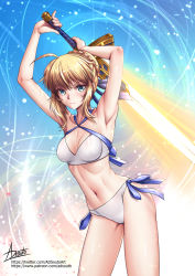 Rule 34 | 1girl, adsouto, ahoge, armpits, arms up, artoria pendragon (all), artoria pendragon (fate), artoria pendragon (swimsuit archer) (fate), bare arms, bikini, blonde hair, blue eyes, blush, braid, breasts, cleavage, closed mouth, collarbone, criss-cross halter, excalibur (fate/stay night), fate/grand order, fate (series), hair between eyes, halterneck, highres, holding, holding sword, holding weapon, looking at viewer, medium breasts, navel, saber (fate), side-tie bikini bottom, sidelocks, solo, swimsuit, sword, weapon, white bikini