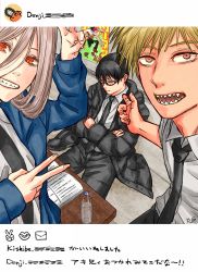 Rule 34 | 1girl, 2boys, black coat, black hair, black pants, blonde hair, blood, blue jacket, book, bottle, brown eyes, chainsaw man, character name, coat, collared shirt, crossed arms, denji (chainsaw man), eyelashes, fang, fangs, glasses, h9r9h9r9, hair between eyes, hair tied, hair tied up, hayakawa aki, highres, instagram, jacket, long hair, long sleeves, looking at viewer, medium hair, multiple boys, necktie, open mouth, pants, pink hair, pointing, poster (object), power (chainsaw man), red eyes, selfie pose, sharp teeth, shirt, short hair, sitting, sleeves past elbows, sleeves rolled up, smile, table, teeth, tongue, unusual blood color, unusual pupils, v, water, white shirt, winter clothes, winter coat