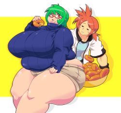 Rule 34 | 1boy, 1girl, borrowed character, breasts, doughnut, emerald (sprite37), fat, food, gigantic breasts, glasses, green hair, marx (sprite37), red eyes, red hair, squarewave, thick thighs, thighs