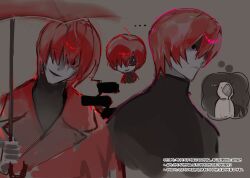 1girl 2boys 95_5hz coat dilated_pupils grey_background head_tilt heroine_(homicipher) highres holding holding_umbrella homicipher korean_text looking_at_viewer mr._crawling mr._scarletella multiple_boys multiple_views red_coat red_eyes red_hair red_umbrella short_hair simple_background speech_bubble thought_bubble translation_request umbrella