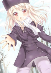 Rule 34 | 1girl, :o, aged down, bad id, bad pixiv id, beckoning, blonde hair, blush, breath, child, coat, dutch angle, fate/stay night, fate/zero, fate (series), fur hat, hat, illyasviel von einzbern, jacket, long hair, looking at viewer, open mouth, outstretched hand, purple hat, red eyes, scarf, smile, snow, solo, tareme, wataru (zazazazazazawa), white hair, white scarf, wide-eyed
