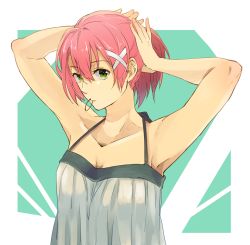 Rule 34 | 1girl, adjusting hair, aqua background, armpits, arms up, breasts, camisole, cleavage, collarbone, ecriture, eiyuu densetsu, falcom, green eyes, juna crawford, looking at viewer, medium breasts, mouth hold, nightgown, pink hair, ponytail, rubber band, sen no kiseki, short hair, solo, two-tone background, white background