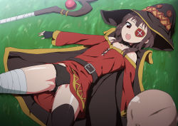 Rule 34 | 1girl, absurdres, bald, bandages, bare shoulders, belt, black eyes, black hair, black panties, c-low, cameltoe, cape, collar, dress, eyepatch, fingerless gloves, flat chest, from above, gloves, grass, groin, hat, highres, kono subarashii sekai ni shukufuku wo!, legs, looking at another, lying, medium hair, megumin, open mouth, outdoors, outstretched arms, panties, sidelocks, single thighhigh, spread legs, staff, thighhighs, thighs, underwear