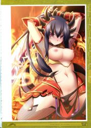 Rule 34 | 1girl, armor, arms up, artbook, black hair, black panties, blush, breasts, breasts out, broken armor, fire, fishnet thighhighs, fishnets, flaming sword, flaming weapon, hair ornament, hairband, highres, horns, kamidori alchemy meister, large breasts, long hair, navel, nipples, official art, panties, red eyes, scan, solo, spread legs, sword, thighhighs, torn clothes, torn panties, underwear, vambraces, very long hair, weapon, yakuri, yuela