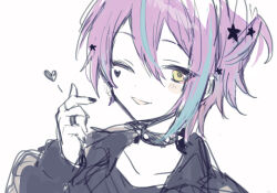 Rule 34 | 1boy, black choker, black jacket, blue hair, blush, choker, hair ornament, jacket, jewelry, kamishiro rui, long sleeves, looking at viewer, multicolored hair, multiple rings, one eye closed, parted lips, project sekai, purple hair, qi7pi, ring, simple background, smile, solo, spiked choker, spikes, star (symbol), star hair ornament, streaked hair, white background, yellow eyes