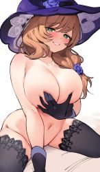 Rule 34 | 1girl, black gloves, black thighhighs, blush, breasts, brown hair, covering nipples, covering privates, cowboy shot, curvy, flower, genshin impact, gloves, green eyes, hair between eyes, hair flower, hair ornament, hair over shoulder, hat, highres, large breasts, lisa (genshin impact), long hair, looking at viewer, navel, ndgd, nude, parted lips, purple hat, simple background, sitting, smile, solo, spread legs, thighhighs, white background, witch hat