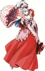 Rule 34 | breasts, cape, choker, cleavage, dress, earrings, feathers, flower, frilled dress, frills, gensou suikoden, gensou suikoden v, hair flower, hair ornament, hair up, highres, jewelry, josephine (suikoden), jpeg artifacts, official art, parasol, pink dress, purple eyes, red dress, rose, scan, silver hair, third-party edit, umbrella