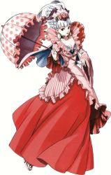 breasts cape choker cleavage dress earrings feathers flower frilled_dress frills gensou_suikoden gensou_suikoden_v hair_flower hair_ornament hair_up highres jewelry josephine_(suikoden) jpeg_artifacts official_art parasol pink_dress purple_eyes red_dress rose scan silver_hair third-party_edit umbrella