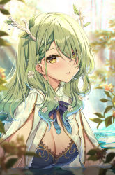 Rule 34 | 1girl, artist name, blurry, blurry background, blurry foreground, blush, bow, bowtie, braid, braided bangs, branch, breasts, brooch, ceres fauna, cleavage, commentary, depth of field, dress, english commentary, eyes visible through hair, flower, green hair, grin, hair between eyes, hair flower, hair ornament, highres, hololive, hololive english, horns, jewelry, large breasts, leaf, lips, long hair, looking at viewer, medium breasts, mole, mole under eye, parted lips, partially submerged, rosuuri, single braid, sleeveless, smile, solo, teeth, upper body, virtual youtuber, water, water drop, white dress, white flower, yellow eyes