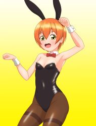 Rule 34 | 1girl, absurdres, animal ears, bare shoulders, black leotard, bow, breasts, cleavage, highres, hoshizora rin, leotard, love live!, orange hair, pantyhose, playboy bunny, rabbit ears, red bow, short hair, small breasts, solo, thighband pantyhose, yellow background, yellow eyes