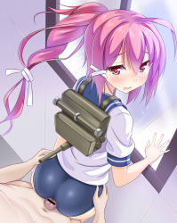 Rule 34 | 10s, 1girl, against wall, ass, bad id, bad pixiv id, buttjob, buttjob over clothes, censored, hair ornament, hair ribbon, hairclip, i-168 (kancolle), kantai collection, long hair, no pants, one-piece swimsuit, penis, pink eyes, pink hair, ponytail, pov, ribbon, school swimsuit, solo focus, swimsuit, violetshit, window