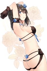 Rule 34 | 1girl, arms up, ass, back, bad id, bad pixiv id, bare back, bare shoulders, black bra, black gloves, black hair, black panties, blue eyes, blush, bra, breasts, dutch angle, female focus, fishnet gloves, fishnets, floral background, flower, from side, glint, gloves, goyain, hair between eyes, hair ornament, hip focus, huge ass, idolmaster, idolmaster cinderella girls, jewelry, lingerie, looking at viewer, looking back, medium breasts, necklace, panties, sagisawa fumika, sideboob, simple background, solo, thighs, thong, underwear, white background