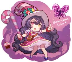 Rule 34 | 1girl, alternate costume, alternate eye color, bittersweet lulu, blush, bracelet, candy, candy cane, character name, cupcake, dress, food, hat, hat ornament, heterochromia, jewelry, league of legends, long hair, lulu (league of legends), momoko (momopoco), open mouth, pink eyes, pix (league of legends), pointing, short sleeves, solo, striped clothes, striped headwear, text focus, transparent background, very long hair, yellow eyes