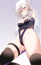 Rule 34 | 1girl, @ @, areola slip, arm behind back, bad id, bad twitter id, bare shoulders, black gloves, black thighhighs, blush, braid, breasts, cleavage, clothing cutout, commentary request, cosplay, elbow gloves, embarrassed, fate/grand order, fate (series), gloves, gradient background, groin, hair between eyes, highleg, highleg leotard, highres, kneeling, leotard, long hair, looking at viewer, looking down, mash kyrielight, medium breasts, messy hair, navel, navel cutout, nose blush, olga marie animusphere, oouso, partially visible vulva, revealing clothes, shielder (fate/grand order), shielder (fate/grand order) (cosplay), solo, sweat, tearing up, thigh strap, thighhighs, thighs, twitter username, wavy mouth, white hair, yellow eyes