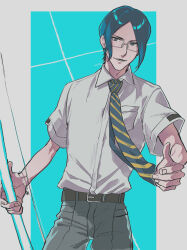 Rule 34 | 1boy, a nzi end, belt, black belt, black hair, bleach, blue background, blue eyes, border, bow (weapon), collared shirt, energy weapon, glasses, grey border, grey pants, highres, holding, holding bow (weapon), holding weapon, ishida uryuu, looking at viewer, lower teeth only, male focus, necktie, pants, parted bangs, pentagram, quincy (bleach), school uniform, shirt, short sleeves, signature, solo, striped necktie, teeth, weapon