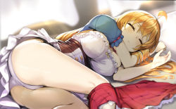 Rule 34 | 1girl, ahoge, ass, blush, breasts, closed eyes, commentary request, hair between eyes, highres, indoors, large breasts, long hair, lying, minutachi, on side, orange hair, panties, pantyshot, pecorine (princess connect!), princess connect!, puffy short sleeves, puffy sleeves, revision, short sleeves, skirt, skirt around one leg, sleeping, solo, thighs, underwear, white panties