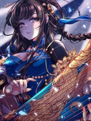 Rule 34 | 1girl, black hair, blue dress, braid, chinese clothes, dress, hair ornament, highres, jewelry, long hair, mu tian ming, necklace, shaenya 1024, solo, thunderbolt fantasy, thunderbolt fantasy:bewitching melody of the west, twitter username