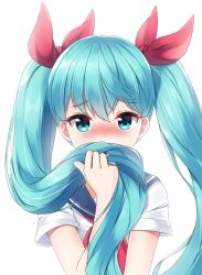 Rule 34 | 1girl, blue eyes, blue hair, blush, bow, hair between eyes, hair bow, hair over mouth, hatsune miku, highres, holding, holding hair, long hair, mk82 (hoonsyh), neckerchief, red bow, red neckerchief, shirt, short sleeves, solo, twintails, upper body, very long hair, vocaloid, white shirt