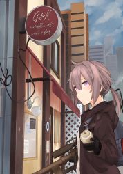 Rule 34 | 1girl, backpack, bad id, bad pixiv id, bag, black gloves, black necktie, bolt action, brown coat, building, cheytac m200, city, cloud, coat, coffee cup, collared shirt, cup, disposable cup, girls&#039; frontline, gloves, gun, highres, holding, holding cup, holding gun, holding weapon, kumanoko, long sleeves, looking at viewer, m200 (girls&#039; frontline), necktie, open clothes, open coat, outdoors, purple eyes, rifle, scope, shirt, short hair, silver hair, sky, sniper rifle, solo, weapon, white shirt